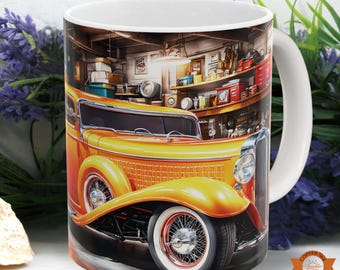 Hot Rod Garage Mug Vintage Car Art Coffee Cup Retro Auto Lovers Gift Mechanic Ceramic Drinkware