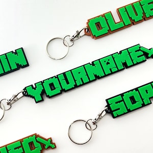 Portachiavi con nome artigianale da minatore personalizzato - Portachiavi personalizzato stile Creeper - Gamertag 3D personalizzato personalizzato - Regali per videogiochi - Compleanno per ragazzi