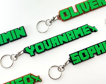 Personalised Miner Craft Name Keyring - Creeper Style Custom Keyring - Personalised Custom 3D Gamertag - Video Game Gifts - Boys Birthday