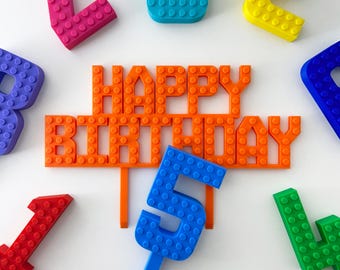 Pacote de aniversário de tijolos - Topo de bolo de aniversário compatível com tijolos e número - Placa de bolo de feliz aniversário de tijolos + número de aniversário de tijolos para bolo