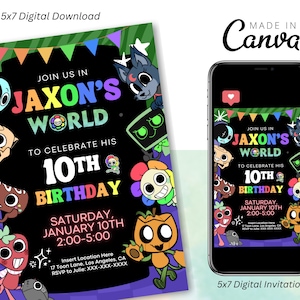 Puede incluir: Una invitación digital para una fiesta de 10 cumpleaños, con el texto "Jaxon's World" en colores vibrantes. El diseño incluye personajes de dibujos animados y la fecha, hora y lugar del evento. La invitación mide 12,7 x 17,8 cm.