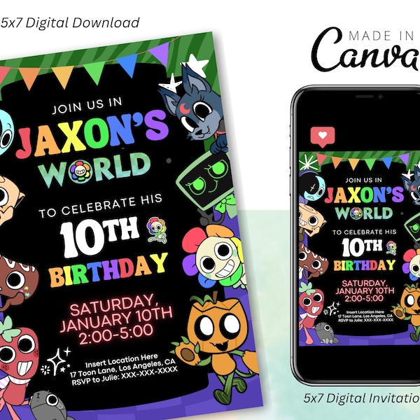 Dandy's World Birthday Invitation: Twisted Toon Party, Virtual Invite with Gourdy, Sprout, Pebble (PDF)
