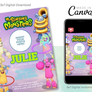 May include: A digital invitation for a birthday party featuring characters from the "My Singing Monsters" game. The invitation is purple and blue with a photo placeholder and the text "Julie is turning seven! Saturday, June 18th, 3:00-6:00PM. Insert Location Here. 17 Monster Lane, Los Angeles, CA. RSVP to Julie: XXX-XXX-XXXX"