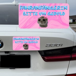 Droevige Hamster Automagneet | Beginnersbord roze blauw | Grappige Meme Magneet | 20x10cm | Cadeau-idee Rijbewijs Beginnende bestuurder