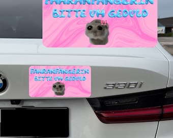 Sad Hamster Car Magnet | New Driver Sign Pink Blue | Funny Meme Magnet | 20 x 10 cm | Gift Idea Driving License New Driver