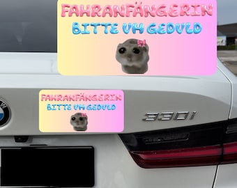 Sad Hamster Car Magnet | New Driver Sign Yellow Pink | Funny Meme Magnet | 20 x 10 cm | Gift Idea Driving License New Driver