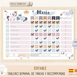 Puede incluir: Un cuadro imprimible para que los niños hagan un seguimiento de sus tareas diarias y obtengan recompensas. El cuadro presenta un tema de unicornio con un esquema de color rosa, azul y beige. Incluye una lista de verificación para las tareas diarias, un sistema de puntos y una sección de recompensas. El cuadro se titula "Maria" y es editable en PowerPoint.