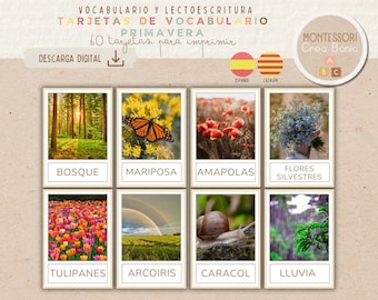 60 Tarjetas Vocabulario de Primavera para niños. Fotografías. Tarjetas Montessori Primavera. Castellano y Catalán. Imprimible educativo.