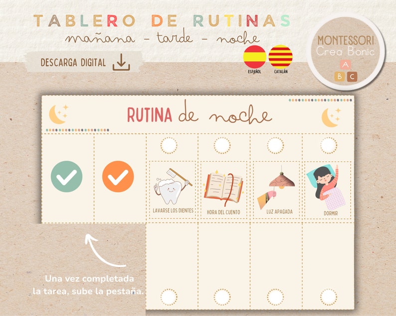 Tablero de rutinas diarias para niños en español y catalán, 144 tarjetas de rutinas, imprimible, homeschooling, educación en casa. imagen 1