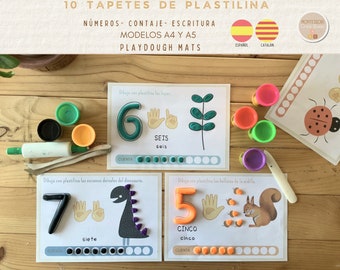 Pack de 10 Tapetes para Trabajar con Plastilina - Actividad de Numeración y Grafismo para Niños.Imprimible. Español y catalán. A4 y A5.