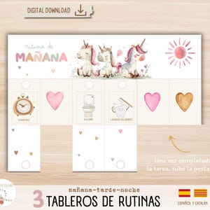 Tablero de rutinas diarias para niños en español y catalán. Temática unicornios. 144 tarjetas de rutinas, imprimible, homeschooling.