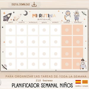 Planificador semanal para niños. Rutina semanal para niños. Espacio. Planificador semanal infantil. 210 Tarjetas de tareas. Imprimible.