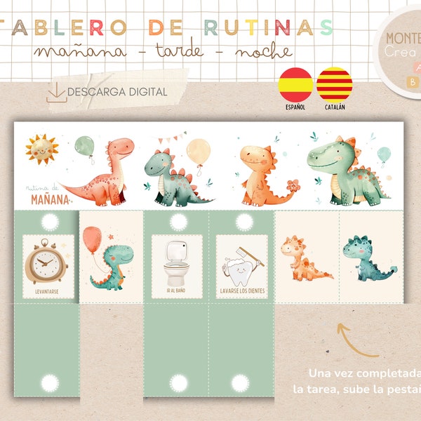 Tablero de rutinas diarias para niños en español y catalán. Temática dinosaurios. 162 tarjetas de rutinas, imprimible, homeschooling.