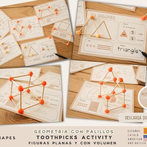 Kit de 26 cartes pour figures plates et tridimensionnelles avec baguettes et pâte à modeler. Cartes 2D et 3D. Imprimable. Anglais, espagnol, catalan.