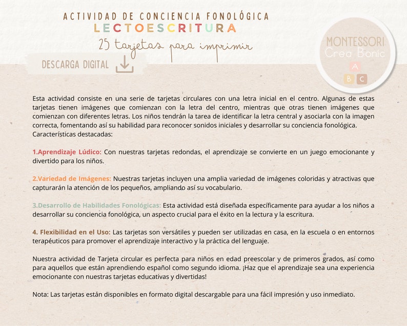 Tarjetas de lectoescritura para trabajar la conciencia fonológica. 25 tarjetas circulares. Descarga digital. imagen 6