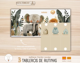 Tablero de rutinas diarias para niños en español y catalán. Temática animales. 144 tarjetas de rutinas, imprimible, homeschooling.