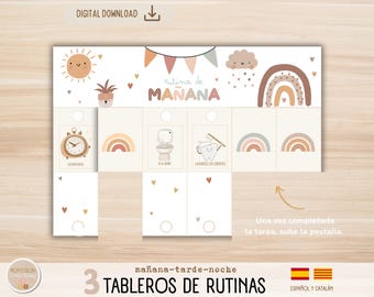 Tablero de rutinas diarias para niños en español y catalán. Temática boho. 162  tarjetas de rutinas, imprimible, homeschooling.