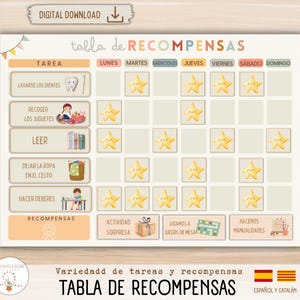 Belöningstabell. Rutiner och vanor för barn. Spanska och katalanska. Utbildningsmaterial. Digital nedladdning. Resurs för klassrum och hem.