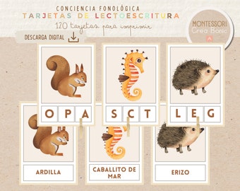 Tarjetas Educativas Animales + Conciencia Fonológica | Lectura y Habilidades Motoras | Lectoescritura | Set de 120 | Educación en casa