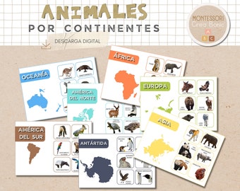 May include: A colorful educational chart with illustrations of animals from different continents. The chart includes images of animals like kangaroos, penguins, elephants, tigers, and more. The continents are labeled in Spanish.