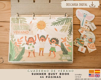 Summer notebook in Spanish, English and Catalan. Summer busy book in English and Spanish. Learning folder for children. Printable.