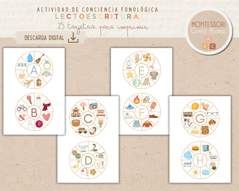 Tarjetas de lectoescritura para trabajar la conciencia fonológica. 25 tarjetas circulares. Descarga digital. imagen 3