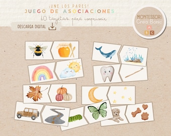 Juego de Asociaciones de Imágenes con 60 Tarjetas para Niños, imprimible, educación infantil, vocabulario, lógica, Homescholing