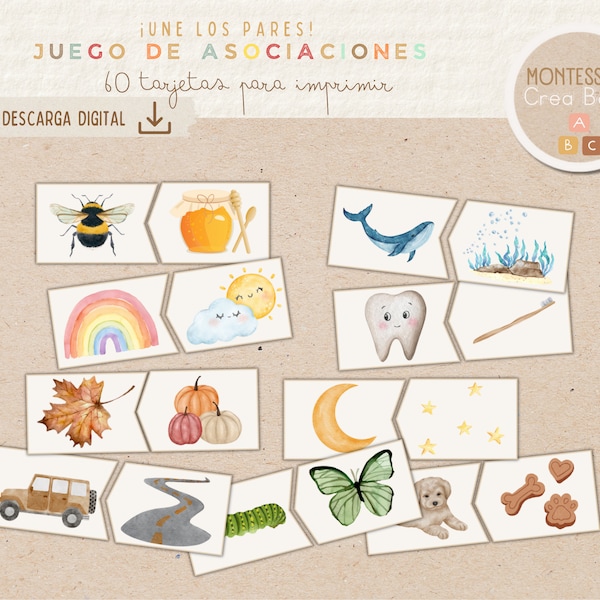 Juego de Asociaciones de Imágenes con 60 Tarjetas para Niños, imprimible, educación infantil, vocabulario, lógica, Homescholing