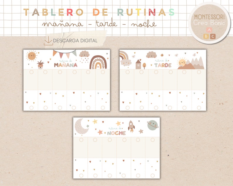 Tablero de rutinas diarias para niños en español y catalán. Temática boho. 162 tarjetas de rutinas, imprimible, homeschooling. imagen 2