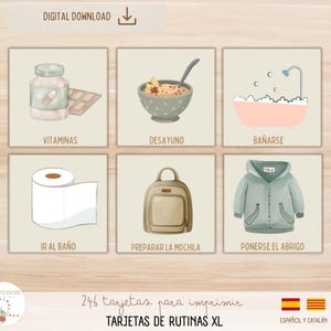 246 Tarjetas de Rutinas para Niños, tamaño 8x8cm aprox. Español y catalán. Material educativo. Hábitos y rutinas para niños. Imprimible.