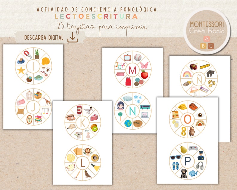 Tarjetas de lectoescritura para trabajar la conciencia fonológica. 25 tarjetas circulares. Descarga digital. imagen 4