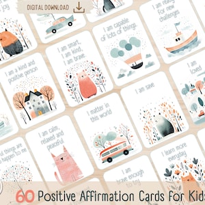 60 carte di affermazioni per bambini, affermazioni positive, consapevolezza per bambini, stampe di affermazioni. Educazione emotiva. Inglese.