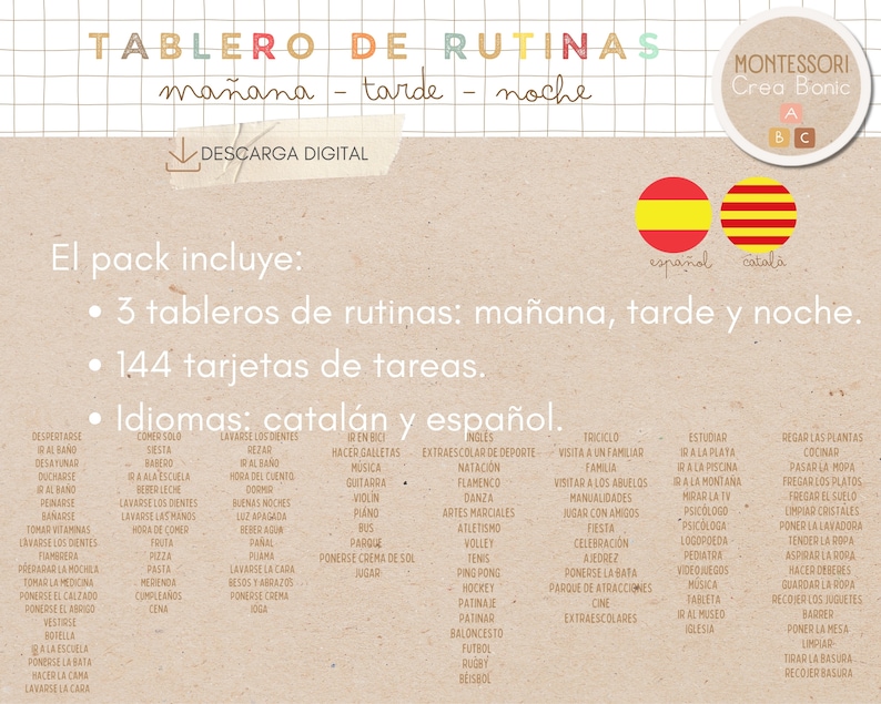 Tablero de rutinas diarias para niños en español y catalán, 144 tarjetas de rutinas, imprimible, homeschooling, educación en casa. imagen 5