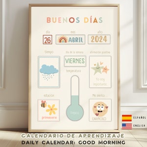 Calendrier d’apprentissage pour les enfants, espagnol, catalan et anglais, carte météo, affirmations pour les enfants, téléchargement numérique