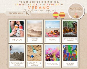 60 Tarjetas Vocabulario de VERANO para niños. Fotografías. Tarjetas Montessori Primavera. Castellano y Catalán. Imprimible educativo.