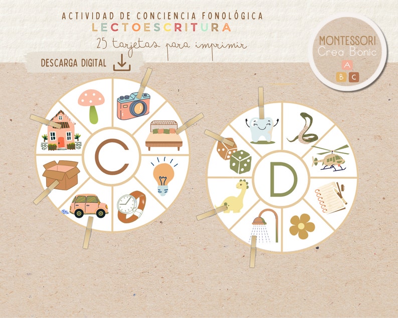 Tarjetas de lectoescritura para trabajar la conciencia fonológica. 25 tarjetas circulares. Descarga digital. imagen 2