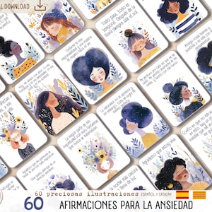 Pack de 60 cartes d'affirmations pour l'anxiété. Santé mentale. Imprimable. Espagnol et catalan. Affirmations positives.