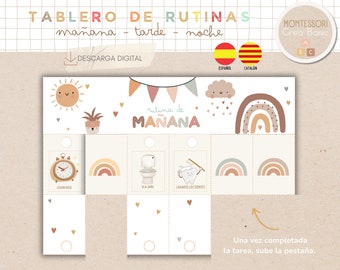 Tablero de rutinas diarias para niños en español y catalán. Temática boho. 162  tarjetas de rutinas, imprimible, homeschooling.