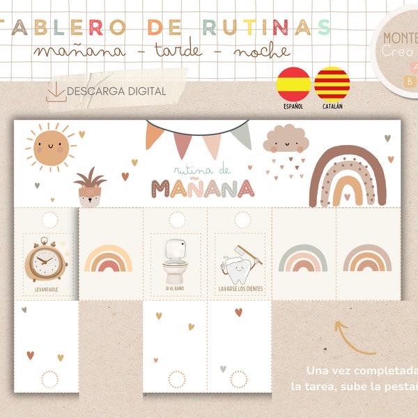 Tablero de rutinas diarias para niños en español y catalán. Temática boho. 162  tarjetas de rutinas, imprimible, homeschooling.