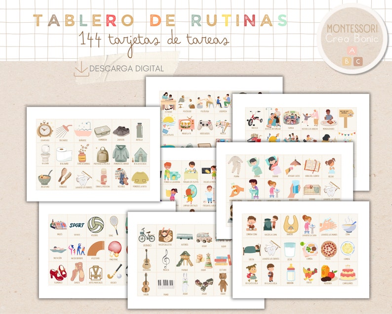 Tablero de rutinas diarias para niños en español y catalán. Temática boho. 162 tarjetas de rutinas, imprimible, homeschooling. imagen 4