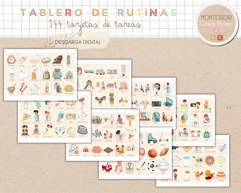 Tablero de rutinas diarias para niños en español y catalán, 144 tarjetas de rutinas, imprimible, homeschooling, educación en casa. imagen 4