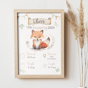 Cartel de nacimiento del bebé recién nacido / Regalo de detalles de nacimiento / Impresión personalizada del nuevo bebé / Regalo del recién nacido / Boho Woodland Fox / Decoración de la guardería neutral