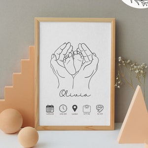 detalhes novos do nascimento do bebê pôster | Impressão personalizada recém-nascida | Presente de Batismo e Batizado | Lineart mínima em preto e branco | Decoração moderna de berçário
