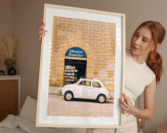 Italy Street Scene with Vintage Fiat 500 Car | Film Photography Art Print | Large Wall Art | Italy Travel Decor