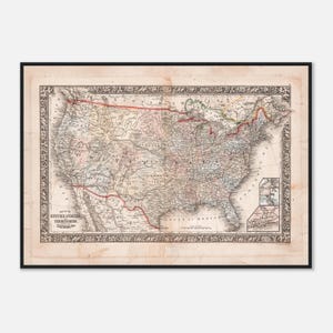 Carte des États-Unis d'Amérique, vintage de 1864 : couleurs vives et détails complexes, avec territoires, parties du Canada et du Mexique, cadeau de pendaison de crémaillère