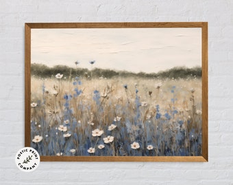 白とバラの野花の海を描いた油絵。印刷可能なアート。田園風景のアート