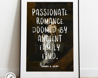 Romeo and Juliet Poster. Oversimplified Novel Wall Art. Shakespeare's classic summarised in a few words. Gift for book worm. Digital print
