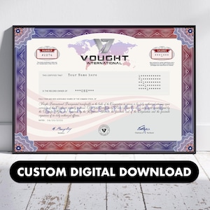 Vought custom stock certificate. Personalised The Boys Wall Art. The Boys Poster Download. The Boys Gift Decor. Vought International Poster
