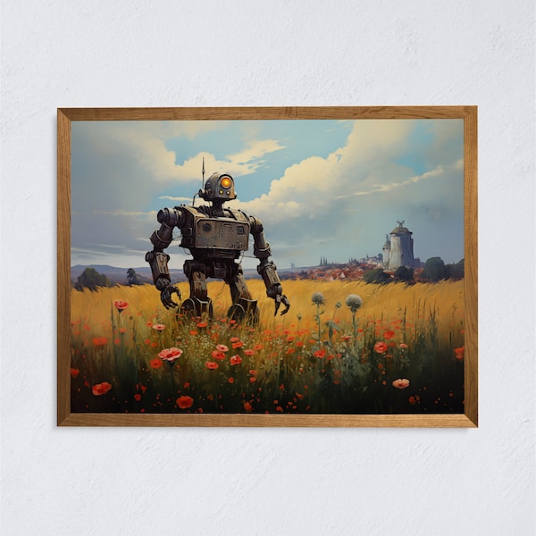 Patrolling robot in a field of wild flowers Oil Painting. Printable Art. Rustic Countryside Print. Vintage Wall Art. Dystopian futuristic