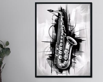 Black and White Saxophone Jazz Musician Print, Musical Instrument